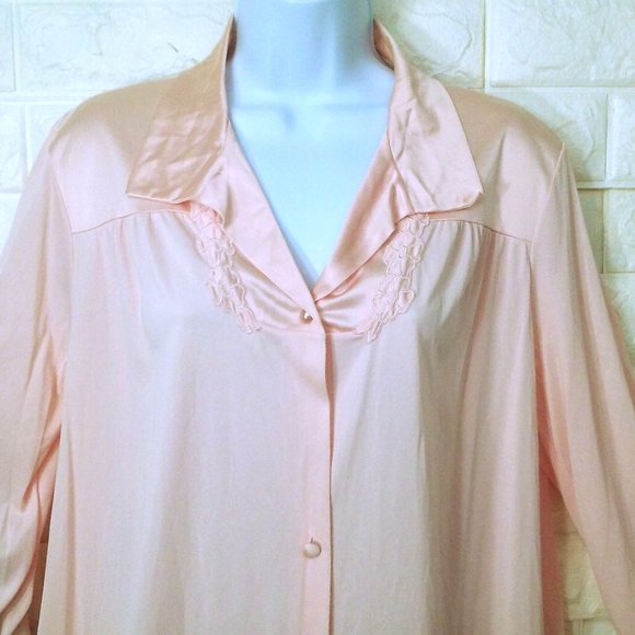 Vintage 70s Vanity Fair Dressing Gown Robe -L Pocket Collar Floral LS Nylon Pink - Picture 2 of 11